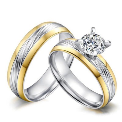 Round Cut White Sapphire Gold & Silver Titanium Steel Promise Rings for Couples
