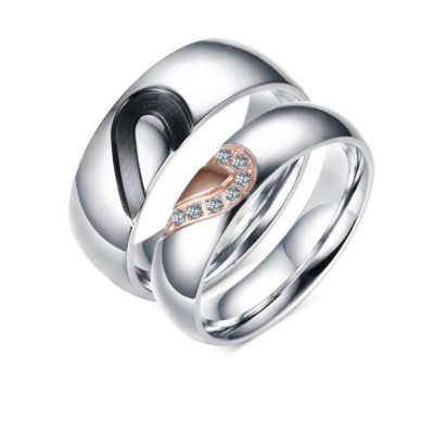 Black Rose Gold & Silver Titanium Steel Promise Rings for Couples