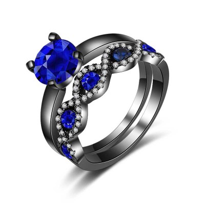 Round Cut Blue Sapphire Black Bridal Sets
