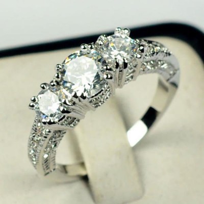 Round Cut White Sapphire 3-Stone Engagement Ring