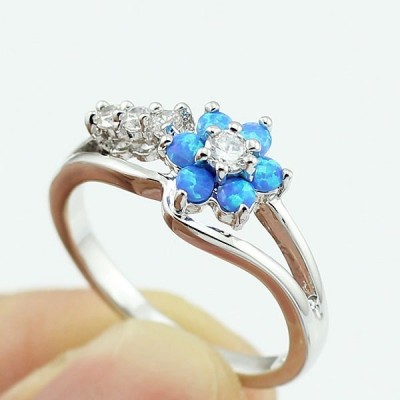 Round Cut White Sapphire Blue Flower Promise Ring