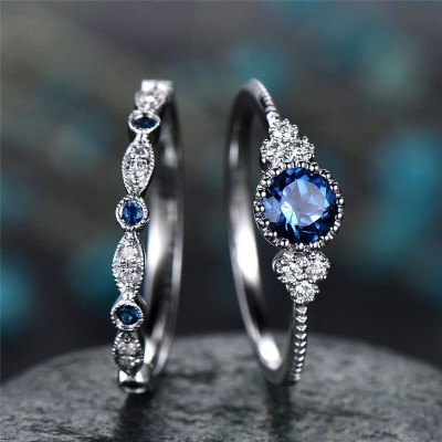 Round Cut Blue Sapphire Bridal Sets