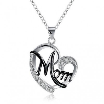 Round Cut White Sapphire Multicolor Heart "Mom" Necklace