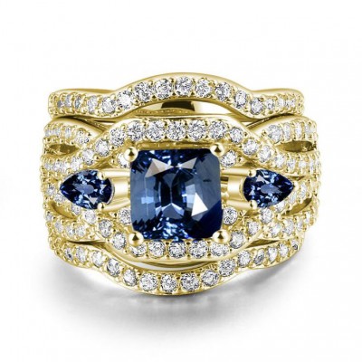 Princess Cut Blue Sapphire Gold 3-Piece Three-Stone Bridal Sets