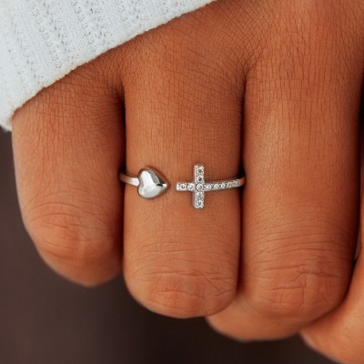 Round Cut White Sapphire Cross and Heart Ring
