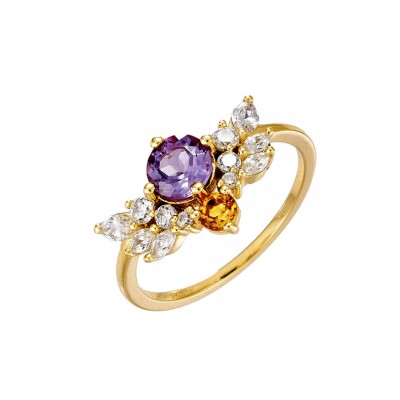 Round Cut Purple Crystal Gold 925 Sterling Silver Engagement Rings