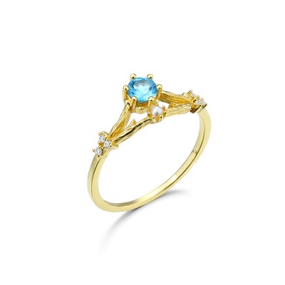 Round Cut Blue Crystal Gold 925 Sterling Silver Engagement Rings