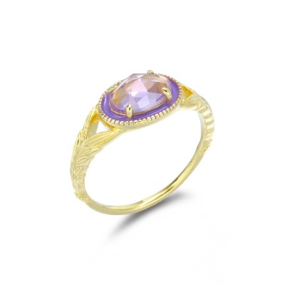 Oval Cut Purple Crystal Gold 925 Sterling Silver Engagement Rings