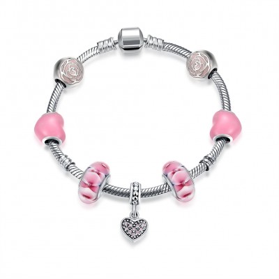 Pink Rose Heart Pendant S925 Silver Bracelets