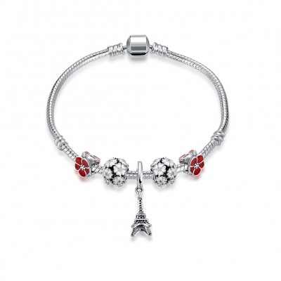 Red and White Petals Eiffel Tower Pendant S925 Silver Bracelets