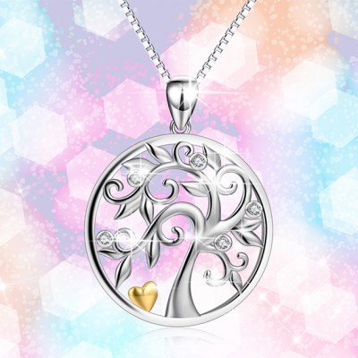 Tree Of Life 925 Sterling Silver Zircon Heart Necklace