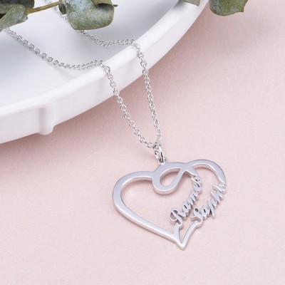 925 Sterling Silver Overlapping Heart Two Name Necklace
