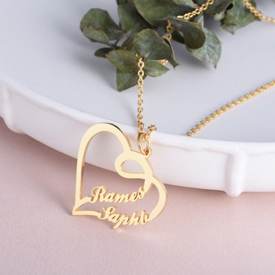 925 Sterling Silver Gold Overlapping Heart Two Name Necklace