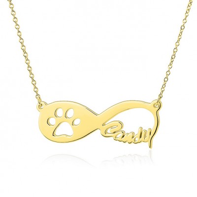 925 Sterling Silver Gold Infinity Love Paw Engraved Necklace