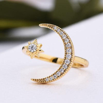 Yellow Gold Crescent Moon Star Adjustable Open Sterling Silver Wedding Band