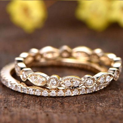 Yellow Gold Art Deco Full Eternity Stackable Sterling Silver Wedding Band