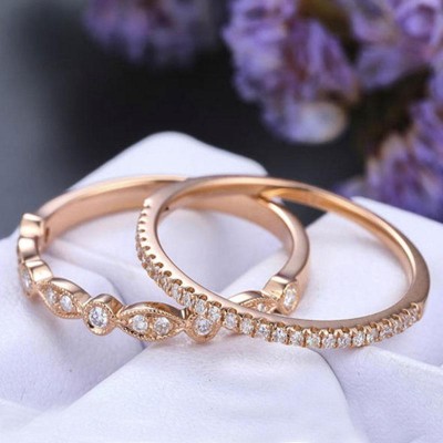 Rose Gold Art Deco Half Eternity Stacking Sterling Silver Wedding Band