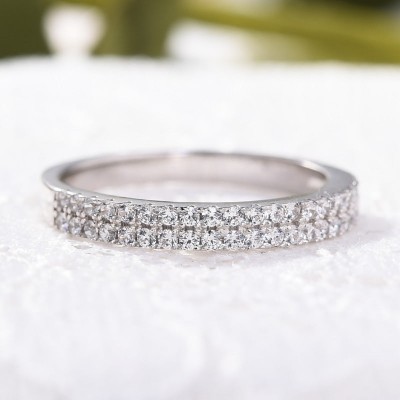 Double Halo Round Cut Women's Sterling Silver Wedding Band