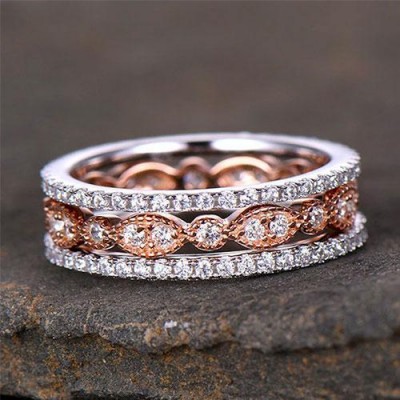 Full Eternity 3PC Stacking Rose Gold Sterling Silver Wedding Band