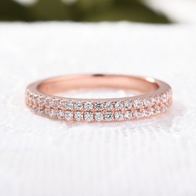 Rose Gold Double Halo Round Cut Women's Sterling Silver Wedding Band