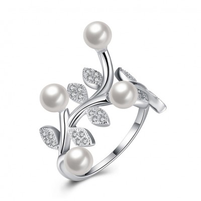 Round Cut White Sapphire Pearls S925 Silver Promise Rings