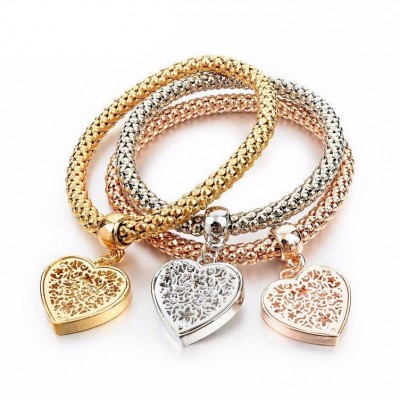 Heart Charm Bracelet Trio With Austrian Crystals