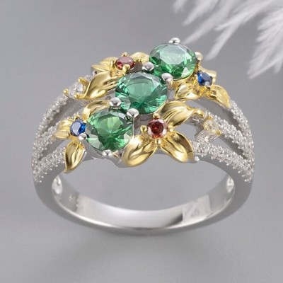 Round Cut Emerald 925 Sterling Silver Flower Gold Two-Tone Rings