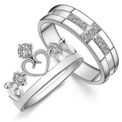 Crown & Cross Matching White Sapphire 925 Silver Couple Rings