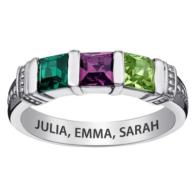 Engraved Princess Cut 925 Sterling Silver Personalized Birthstone Ring