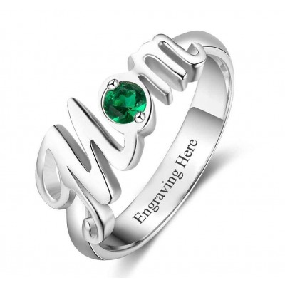 Round Cut 925 Sterling Silver Engraved Personalized Birthstone Mother Ring