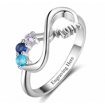Round Cut 925 Sterling Silver Infinity Engraved Personalized Birthstone Mother Ring