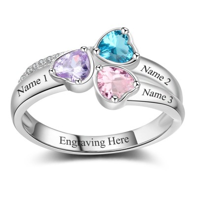 Heart Cut 3-Stone 925 Sterling Silver Personalized Engraved Birthstone Ring