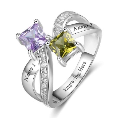 Princess Cut 925 Sterling Silver Personalized Engraved Birthstone Ring