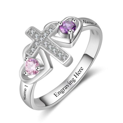 Cross Round Cut 925 Sterling Silver Engraved Personalized Birthstone Ring
