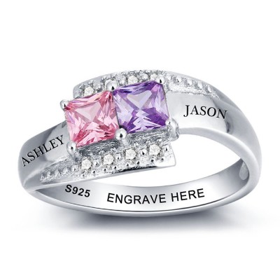 Engraved Princess Cut 925 Sterling Silver Personalized Birthstone Ring
