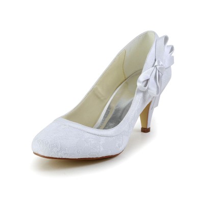 Women's Amazing Satin Closed Toe Cone Heel White Wedding Shoes With Bowknot