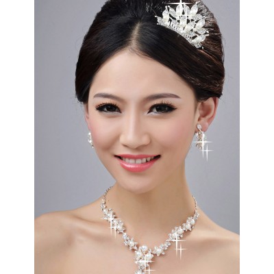 Bright Alloy Clear Crystals Pearls Wedding Headpieces Necklaces Earrings Set