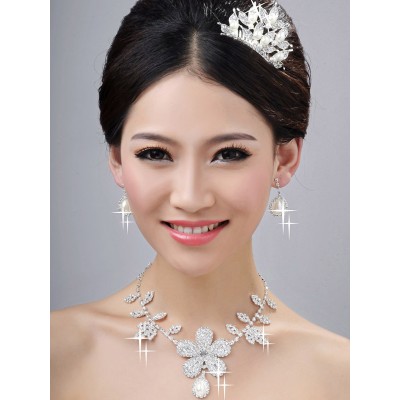 Bright Pearls Alloy Clear Crystals Wedding Headpieces Necklaces Earrings Set