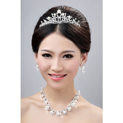 Charming Alloy Clear Crystals Pearls Wedding Headpieces Necklaces Earrings Set