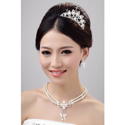 Charming Pearls Alloy Clear Crystals Wedding Headpieces Necklaces Earrings Set