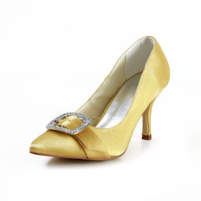 Women's Charming Satin Stiletto Heel Closed Toe With Rhinestone Gold Wedding Shoes