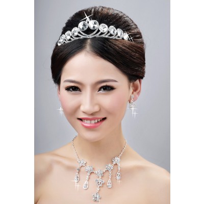 Elegant Alloy Clear Crystals Flower Wedding Headpieces Necklaces Earrings Set