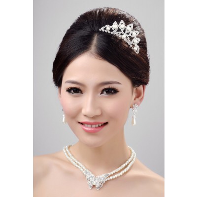 Elegant Alloy Clear Crystals Pearl Wedding Headpieces Necklaces Earrings Set