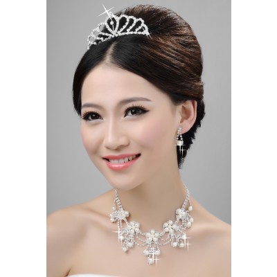 Elegant Alloy Clear Crystals Pearls Wedding Headpieces Necklaces Earrings Set