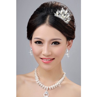Elegant Pearls Alloy Clear Crystals Wedding Headpieces Necklaces Earrings Set