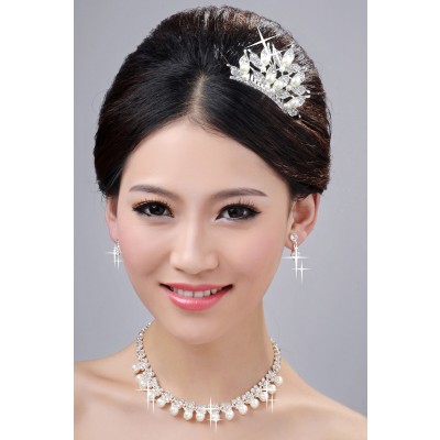 Fashionable Pearls Alloy Clear Crystals Wedding Headpieces Necklaces Earrings Set