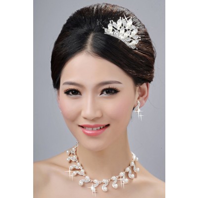 Glamorous Pearls Alloy Clear Crystals Wedding Headpieces Necklaces Earrings Set