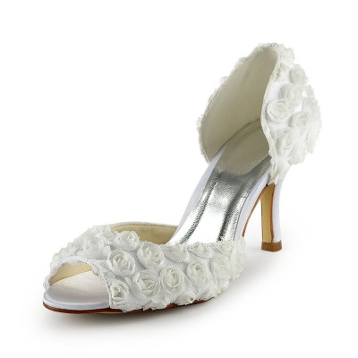 Women's Gorgeous Satin Stiletto Heel Peep Toe With Flowers White Wedding Shoes