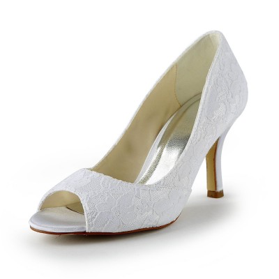 Women's Lace Satin Stiletto Heel Peep Toe Sandals White Wedding Shoes
