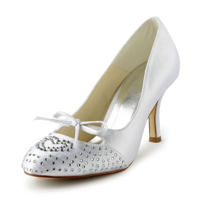 Women's Lovely Satin Stiletto Heel Closed Toe With Rhinestone White Wedding Shoes